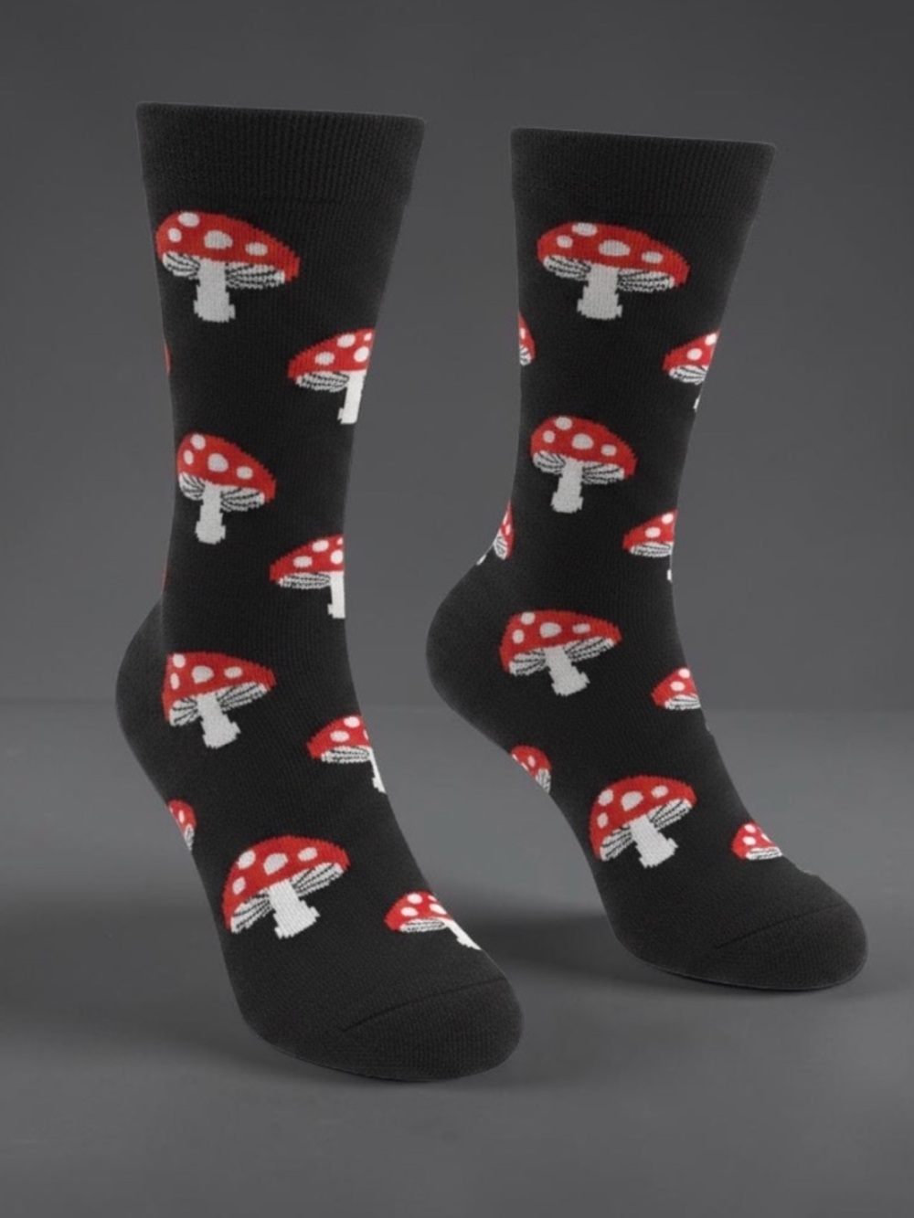 Black Crew Socks with Red Mushroom Pattern - Picture 5 of 7
